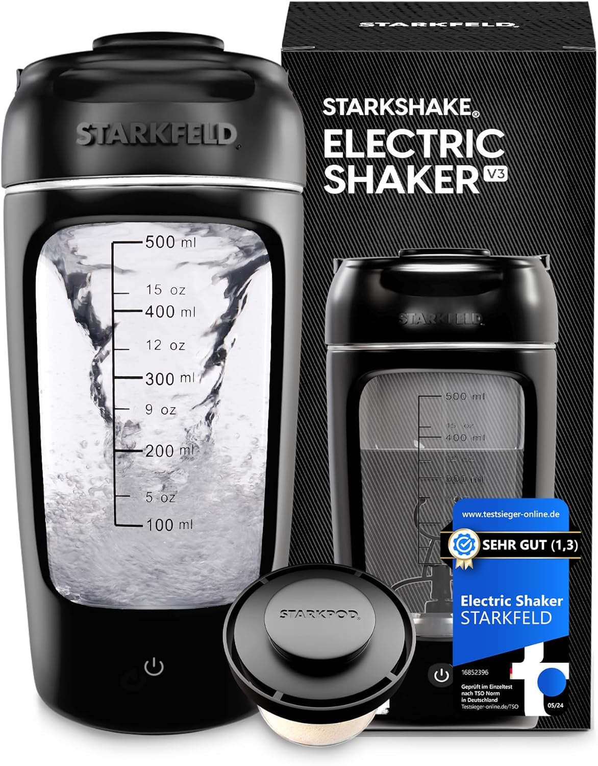 STARKSHAKE® V3 – Dein Letzter Shaker! | Klumpenfreie Eiweiß Shakes Dank 7000 UPM | USB-C Schnellladen | 60+ Shakes Pro Ladung Mit STARKPOD 60 G Protein Immer Dabei |Elektrischer Protein Mixer(Schwarz)