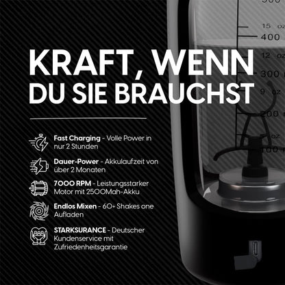 STARKSHAKE® V3 – Dein Letzter Shaker! | Klumpenfreie Eiweiß Shakes Dank 7000 UPM | USB-C Schnellladen | 60+ Shakes Pro Ladung Mit STARKPOD 60 G Protein Immer Dabei |Elektrischer Protein Mixer(Schwarz)